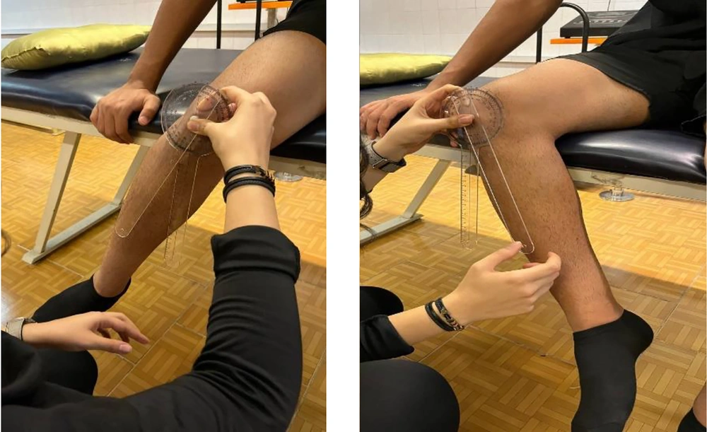 Seated hip rotation measurement (internal left, external right) with 90° hip/knee flexion Seated hip rotation measurement (internal left, external right) with 90° hip/knee flexion