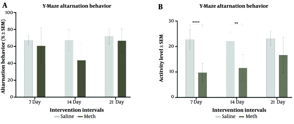 A, effects of daily methamphetamine (5 mg/Kg) or saline (200 µL) administration for 1, 2, and 3 weeks on the spontaneous alternation behavior in Y-Maze; B, effects of daily methamphetamine (5 mg/kg) or saline (200 µL) administration for 1, 2, and 3 weeks on the rat’s activity level in Y-Maze (depicted as counts) (Mean ± SEM of 7 rats per group. ** P ≤ 0.01; **** P ≤ 0.0001, 2-Way ANOVA). A, effects of daily methamphetamine (5 mg/Kg) or saline (200 µL) administration for 1, 2, and 3 weeks on the spontaneous alternation behavior in Y-Maze; B, effects of daily methamphetamine (5 mg/kg) or saline (200 µL) administration for 1, 2, and 3 weeks on the rat’s activity level in Y-Maze (depicted as counts) (Mean ± SEM of 7 rats per group. ** P ≤ 0.01; **** P ≤ 0.0001, 2-Way ANOVA).