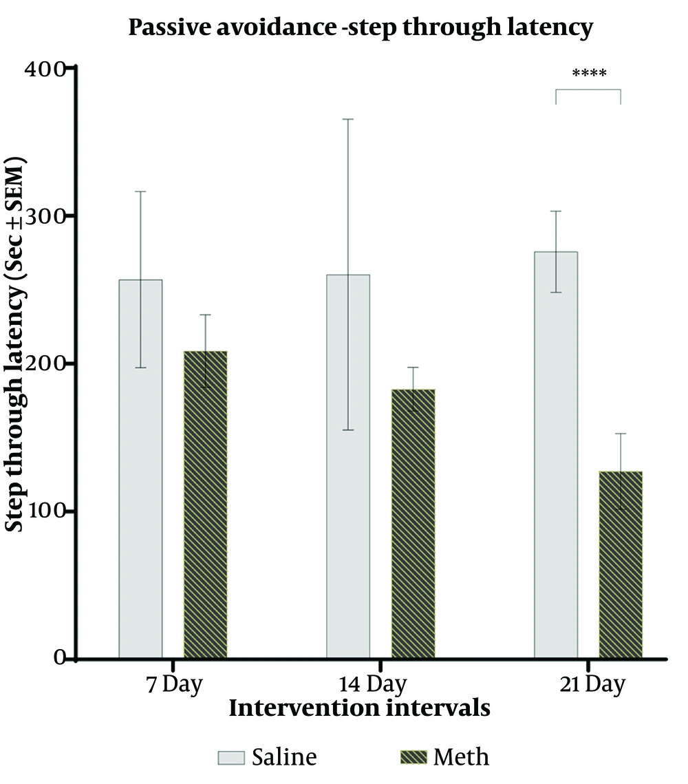 Effects of a single daily methamphetamine (5 mg/Kg) or saline (200 µL) administration for 1, 2, and 3 weeks on the rat’s step through latency in the passive avoidance test (mean ± SEM of 7 rats per group. **** P ≤ 0.0001, 2-Way ANOVA). Effects of a single daily methamphetamine (5 mg/Kg) or saline (200 µL) administration for 1, 2, and 3 weeks on the rat’s step through latency in the passive avoidance test (mean ± SEM of 7 rats per group. **** P ≤ 0.0001, 2-Way ANOVA).