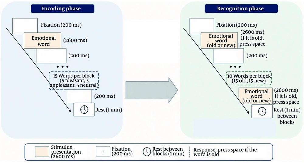 Experimental design and trial structure of the emotional word recognition memory task. The task had two phases: Encoding and recognition. During encoding, each block included 15 words. After a 1-minute delay, recognition was tested with 30 words. Each trial showed a fixation cross for 200 ms followed by a word for 2600 ms. Participants pressed the space key when they recognized an old word. Experimental design and trial structure of the emotional word recognition memory task. The task had two phases: Encoding and recognition. During encoding, each block included 15 words. After a 1-minute delay, recognition was tested with 30 words. Each trial showed a fixation cross for 200 ms followed by a word for 2600 ms. Participants pressed the space key when they recognized an old word.