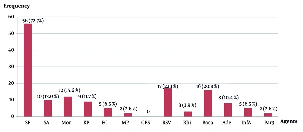 Non-typeable <i>Haemophilus influenzae</i> co-infection with other agents (n = 77) (abbreviations: SP, <i>Streptococcus pneumoniae</i>; SA, <i>Staphylococcus aureus</i>; Mor, <i>Moraxella catarrhalis</i>; KP, <i>Klebsiella pneumoniae</i>; EC, <i>Escherichia coli</i>; MP, <i>Mycoplasma pneumoniae</i>; GBS, Group B <i>Streptococcus</i>; RSV, respiratory syncytial virus; Rhi, rhinovirus; Boca, bocavirus; Ade, adenovirus; InfA, influenza A virus; Par3, human parainfluenza virus type 3). Non-typeable <i>Haemophilus influenzae</i> co-infection with other agents (n = 77) (abbreviations: SP, <i>Streptococcus pneumoniae</i>; SA, <i>Staphylococcus aureus</i>; Mor, <i>Moraxella catarrhalis</i>; KP, <i>Klebsiella pneumoniae</i>; EC, <i>Escherichia coli</i>; MP, <i>Mycoplasma pneumoniae</i>; GBS, Group B <i>Streptococcus</i>; RSV, respiratory syncytial virus; Rhi, rhinovirus; Boca, bocavirus; Ade, adenovirus; InfA, influenza A virus; Par3, human parainfluenza virus type 3).