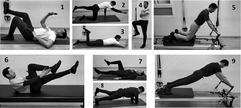 Examples of low-load tasks: (1) crook lying TrA activation; (2) bird dog; (3) prone knee flexion; (4) unipodal balance; (5) reformer knee-stretches. Examples of high-load tasks (6) pilates single leg stretch; (7) Crook Lying-Limb Loading; (8) front plank; (9) reformer long stretch. Examples of low-load tasks: (1) crook lying TrA activation; (2) bird dog; (3) prone knee flexion; (4) unipodal balance; (5) reformer knee-stretches. Examples of high-load tasks (6) pilates single leg stretch; (7) Crook Lying-Limb Loading; (8) front plank; (9) reformer long stretch.
