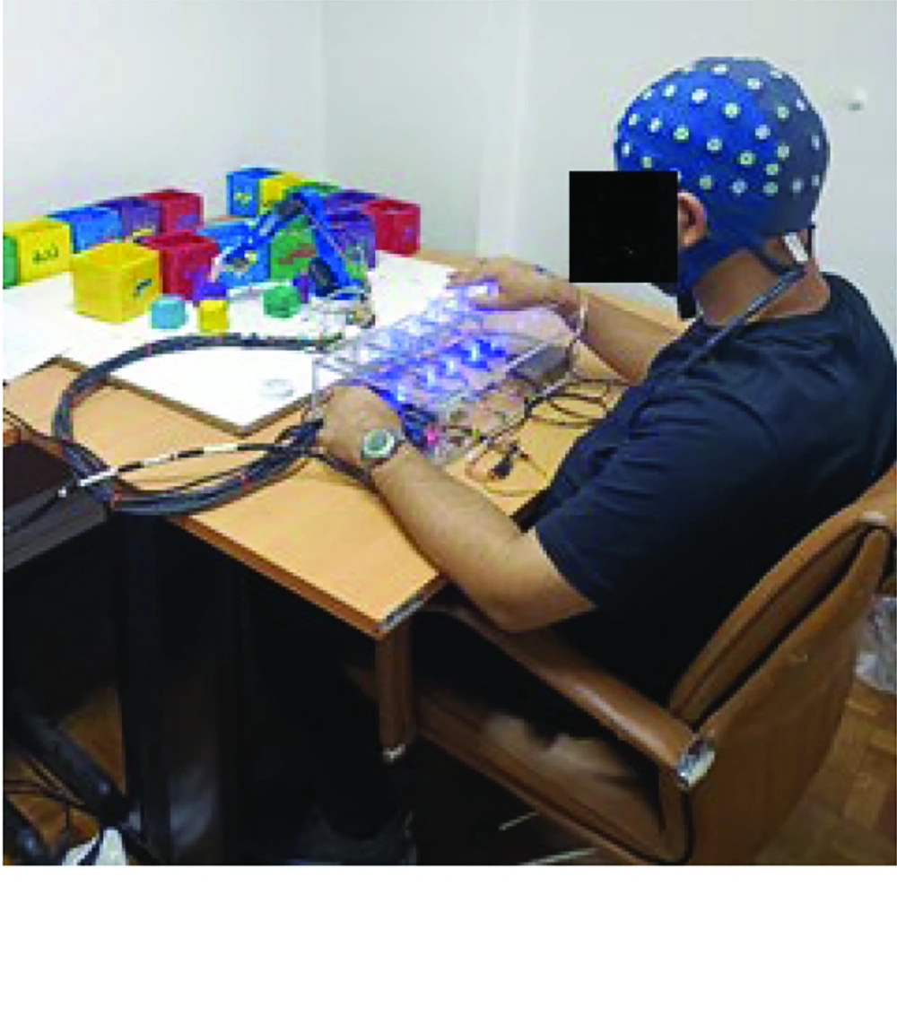Participant wearing the single electrode electroencephalography (EEG) device conducting an experiment. Participant wearing the single electrode electroencephalography (EEG) device conducting an experiment.
