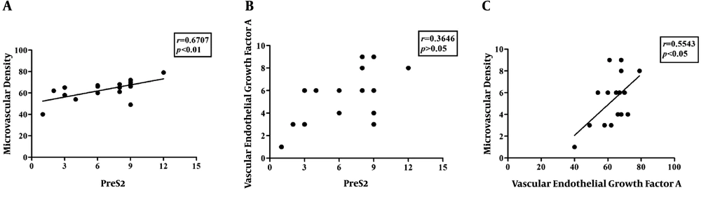 Correlation among MVD, VEGFA, and preS2 expression in HCC samples. A, A positive correlation between MVD and preS2 was determined by spearman analysis (r = 0.6707, P < 0.01); B, no obvious correlation between VEGFA and preS2 (r = 0.3646, P > 0.05); C, a positive correlation between MVD and VEGFA was determined by spearman analysis (r = 0.5543, P < 0.05). Correlation among MVD, VEGFA, and preS2 expression in HCC samples. A, A positive correlation between MVD and preS2 was determined by spearman analysis (r = 0.6707, P < 0.01); B, no obvious correlation between VEGFA and preS2 (r = 0.3646, P > 0.05); C, a positive correlation between MVD and VEGFA was determined by spearman analysis (r = 0.5543, P < 0.05).
