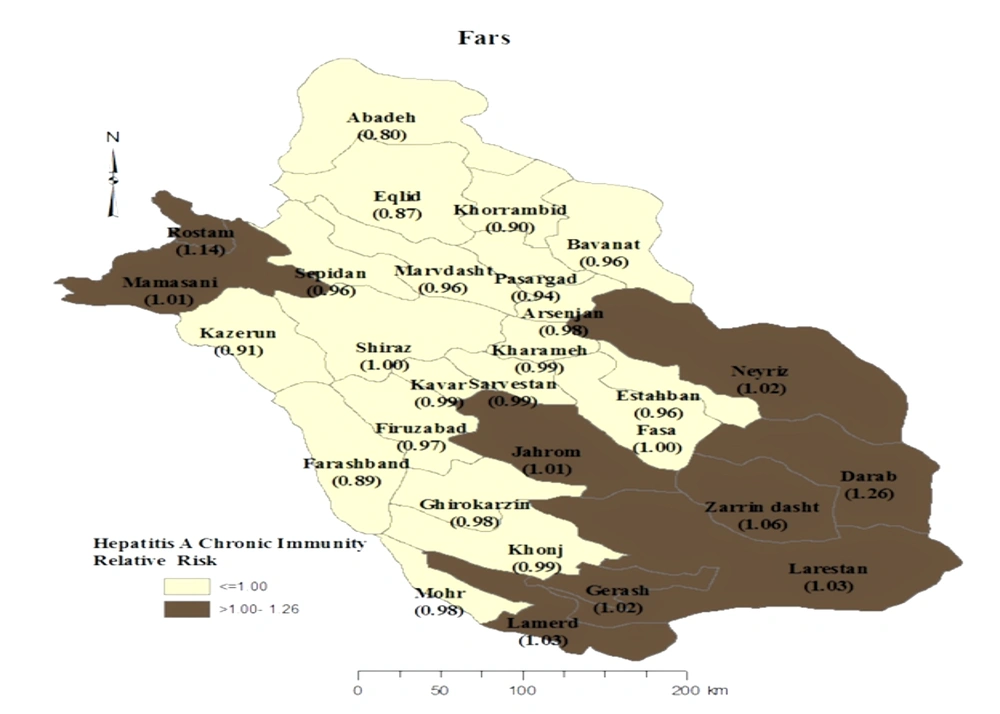 Map of the prevalence of hepatitis A chronic immunity in Fars province, Iran (estimated by Bayesian spatial model) Map of the prevalence of hepatitis A chronic immunity in Fars province, Iran (estimated by Bayesian spatial model)