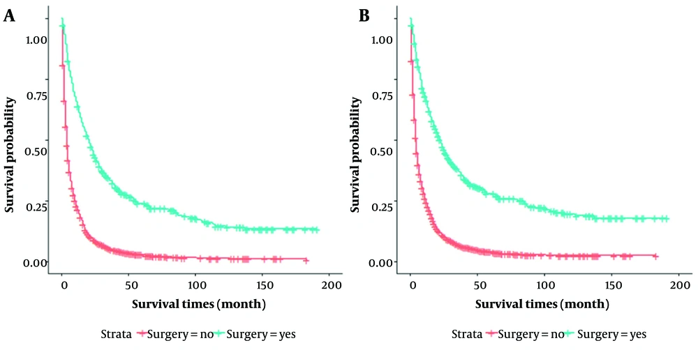 Kaplan-Meier curves for all patients (N = 6238) in the surgical and non-surgical groups; A, Kaplan-Meier curves in overall survival time (P < 0.001); B, Kaplan-Meier curves in cancer-specific survival (P < 0.001) Kaplan-Meier curves for all patients (N = 6238) in the surgical and non-surgical groups; A, Kaplan-Meier curves in overall survival time (P < 0.001); B, Kaplan-Meier curves in cancer-specific survival (P < 0.001)