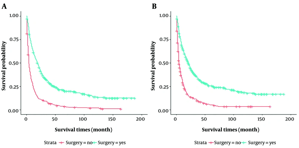 Kaplan-Meier curves for patients in surgical and non-surgical groups (N = 912) after propensity score matching; A, Kaplan-Meier curves for overall survival time (P < 0.001); B, Kaplan-Meier curves for cancer-specific survival (P < 0.001) Kaplan-Meier curves for patients in surgical and non-surgical groups (N = 912) after propensity score matching; A, Kaplan-Meier curves for overall survival time (P < 0.001); B, Kaplan-Meier curves for cancer-specific survival (P < 0.001)