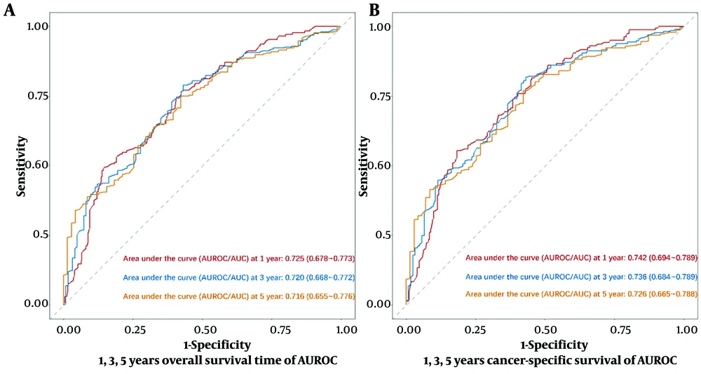 Decision curve analysis of nomogram for predicting 1, 3, and 5 years of survival in patients with extrahepatic metastatic hepatocellular carcinoma; A, the area under the curve (AUC) of overall survival at 1, 3, and 5 years reported as 0.725 (95% confidence interval (CI): 0.678 - 0.773), 0.720 (95% CI: 0.668 - 0.772), and 0.716 (95% CI: 0.655 - 0.776), respectively; B, the AUC of cancer-specific survival at 1, 3, and 5 years reported as 0.742 (95% CI: 0.694 - 0.789), 0.736 (95% CI: 0.684 - 0.789), and 0.726 (95% CI: 0.665 - 0.788), respectively Decision curve analysis of nomogram for predicting 1, 3, and 5 years of survival in patients with extrahepatic metastatic hepatocellular carcinoma; A, the area under the curve (AUC) of overall survival at 1, 3, and 5 years reported as 0.725 (95% confidence interval (CI): 0.678 - 0.773), 0.720 (95% CI: 0.668 - 0.772), and 0.716 (95% CI: 0.655 - 0.776), respectively; B, the AUC of cancer-specific survival at 1, 3, and 5 years reported as 0.742 (95% CI: 0.694 - 0.789), 0.736 (95% CI: 0.684 - 0.789), and 0.726 (95% CI: 0.665 - 0.788), respectively