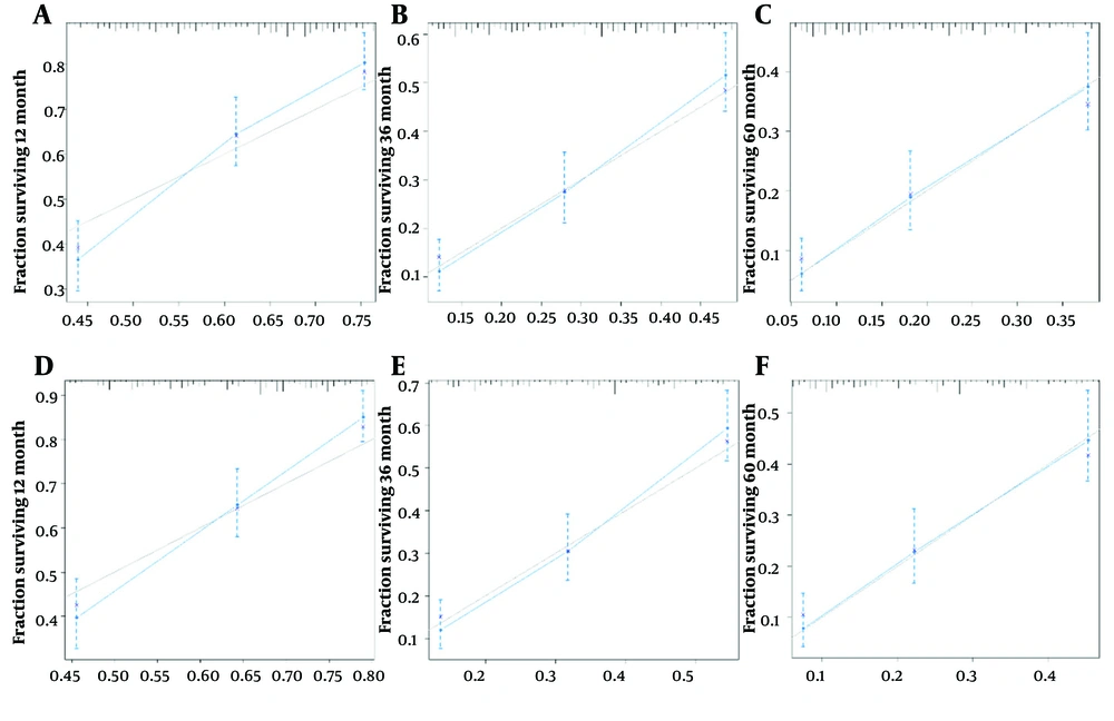 Calibration curves of nomogram for 1-, 3-, and 5-year survival probabilities; A, 1 year of survival for overall survival (OS); B, 3 years of survival for OS; C, 5 years of survival for OS; D, 1 year of survival for cancer-specific survival (CSS); E, 3 years of survival for CSS; F, 5 years of survival for CSS Calibration curves of nomogram for 1-, 3-, and 5-year survival probabilities; A, 1 year of survival for overall survival (OS); B, 3 years of survival for OS; C, 5 years of survival for OS; D, 1 year of survival for cancer-specific survival (CSS); E, 3 years of survival for CSS; F, 5 years of survival for CSS