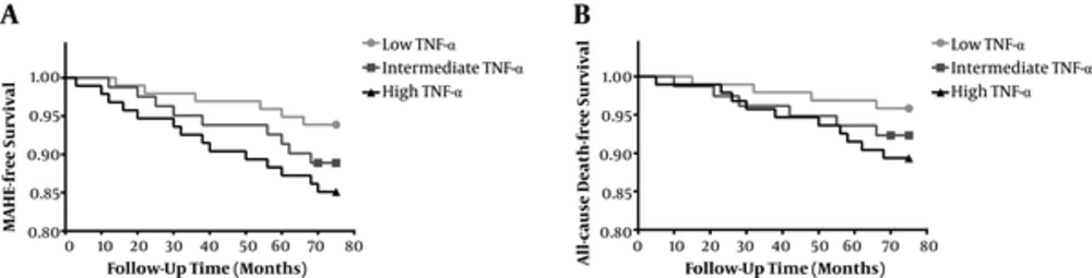 Major adverse hepatic events A, and all-cause death B, free survival curves for participants stratified by the concentration of TNF-α Major adverse hepatic events A, and all-cause death B, free survival curves for participants stratified by the concentration of TNF-α