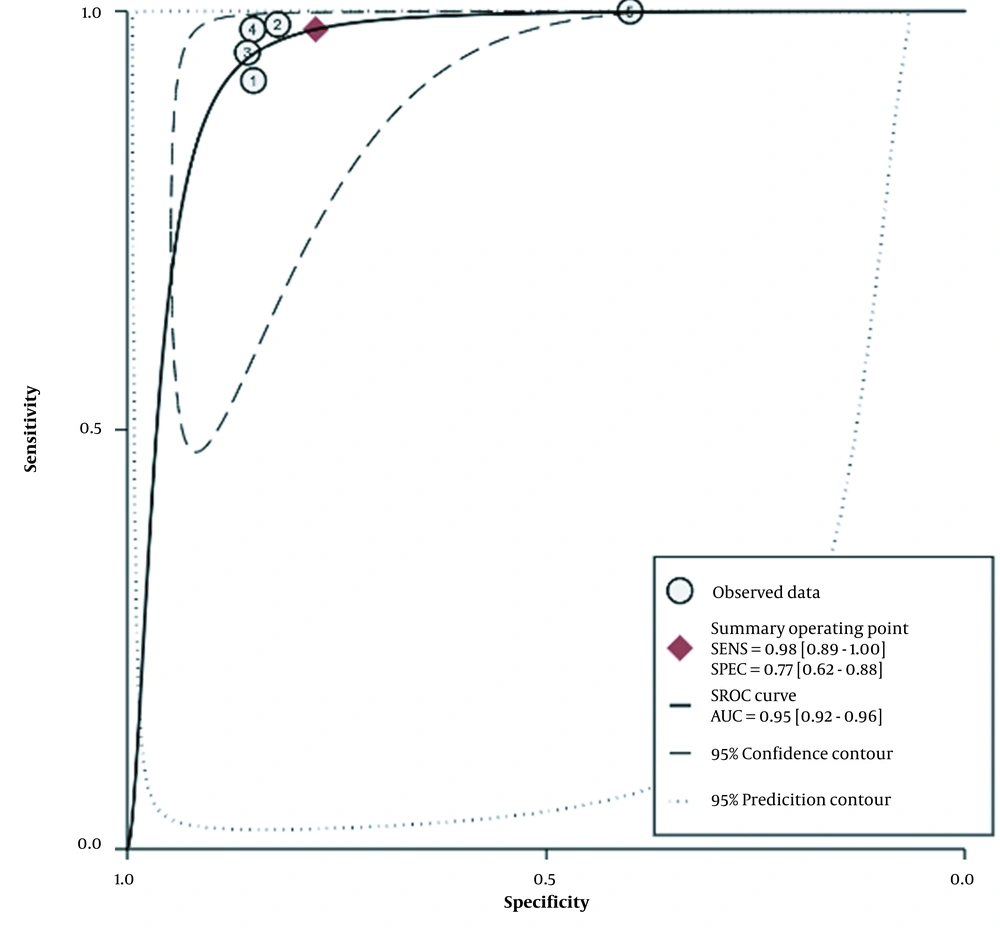 The summary receiver operating characteristic curve (SROC) of the early detection of airway cancer lesions using narrow-band imaging (NBI) (<a href="#A133783REF20">20</a>-<a href="#A133783REF24">24</a>). The summary receiver operating characteristic curve (SROC) of the early detection of airway cancer lesions using narrow-band imaging (NBI) (<a href="#A133783REF20">20</a>-<a href="#A133783REF24">24</a>).