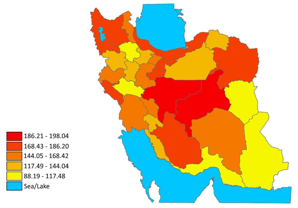 Map of the average standardized incidence rate of all cancers in 2017 Map of the average standardized incidence rate of all cancers in 2017