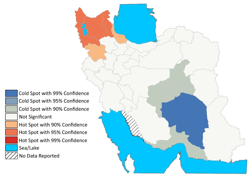Map of hotspots and coldspots of stomach cancer in 2017 Map of hotspots and coldspots of stomach cancer in 2017