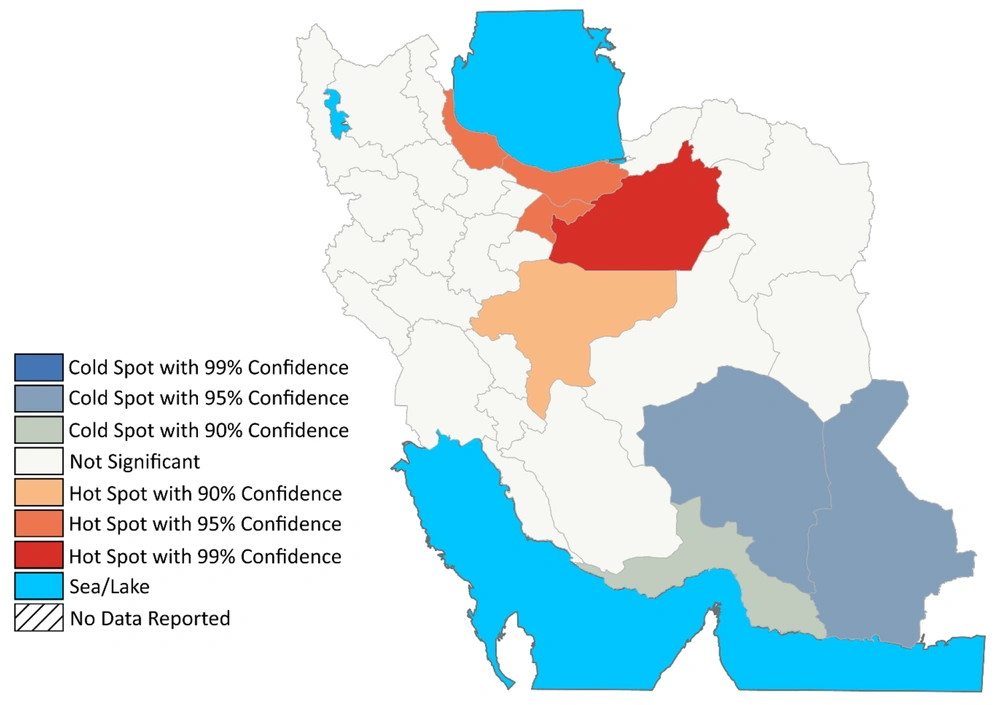 Map of hotspots and coldspots of colorectal cancer in 2017 Map of hotspots and coldspots of colorectal cancer in 2017