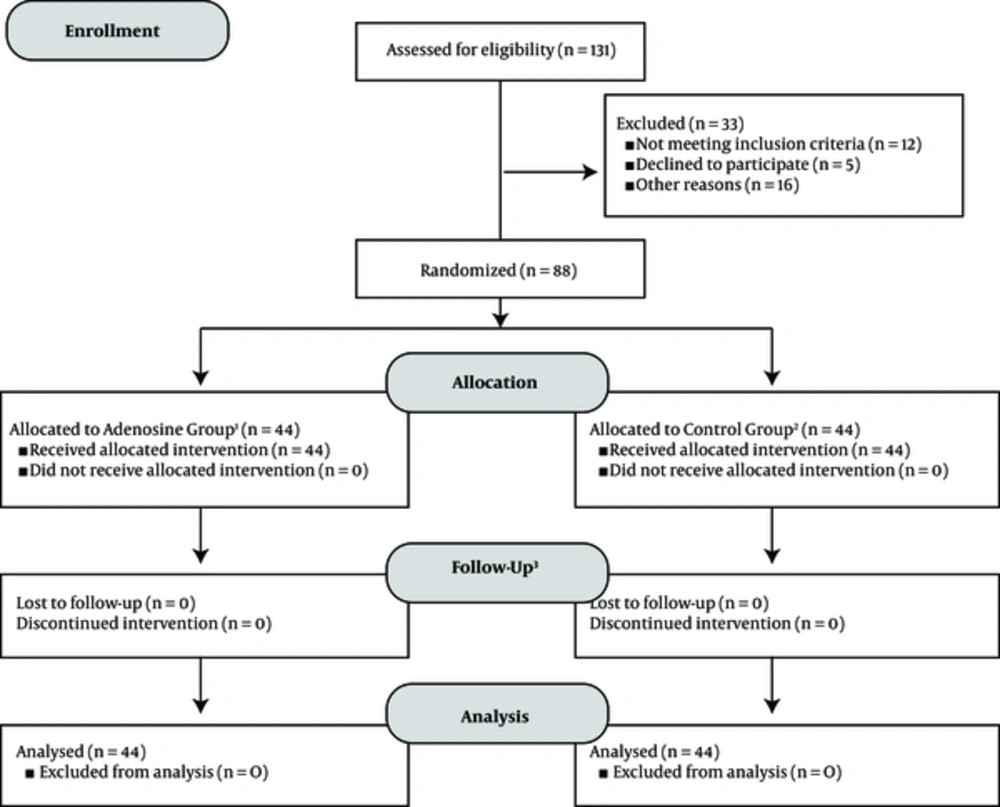 The flow-chart of the study design according to CONSORT 2010 flow diagram. 1) Intervention in adenosine group: single dose epidural administration of adenosine 50 mcg/kg + ropivacaine 0.75 mL/kg (0.2% solution), 2) intervention in control group: single dose epidural administration of saline + ropivacaine 0.75 mL/kg (0.2% solution), 3) follow-ups conducted on days 1, 2, 3, 5, 7, 10, and 14 after intervention in both groups. At each evaluation day, the efficacy of pain control was assessed by DN4 neuropathic pain diagnostic questionnaire, visual analogue scale (VAS), and verbal rating scale (VRS), in addition to frequency of complications and patient satisfaction levels. The flow-chart of the study design according to CONSORT 2010 flow diagram. 1) Intervention in adenosine group: single dose epidural administration of adenosine 50 mcg/kg + ropivacaine 0.75 mL/kg (0.2% solution), 2) intervention in control group: single dose epidural administration of saline + ropivacaine 0.75 mL/kg (0.2% solution), 3) follow-ups conducted on days 1, 2, 3, 5, 7, 10, and 14 after intervention in both groups. At each evaluation day, the efficacy of pain control was assessed by DN4 neuropathic pain diagnostic questionnaire, visual analogue scale (VAS), and verbal rating scale (VRS), in addition to frequency of complications and patient satisfaction levels.