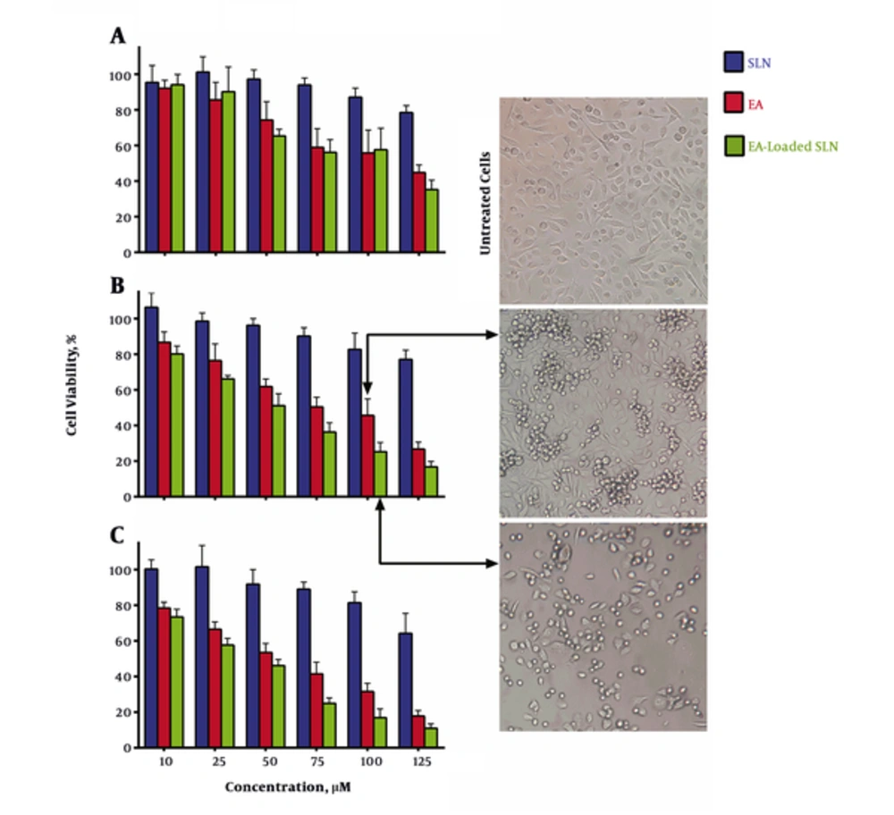 Cytotoxic effects of Ellagic acid (EA) vs. EA-loaded SLNs in <b>(A)</b> 24 hours, <b>(B)</b> 48 hours, and <b>(C)</b> 72 hours on PC3 cells. The figure illustrates that EA-loaded SLNs are more anti-proliferative when compared with EA in 48 and 72 hours, but there are no significant difference between 2 groups in 24 hours (P > 0.05). Data are presented as mean ± standard deviation (n = 3). Cytotoxic effects of Ellagic acid (EA) vs. EA-loaded SLNs in <b>(A)</b> 24 hours, <b>(B)</b> 48 hours, and <b>(C)</b> 72 hours on PC3 cells. The figure illustrates that EA-loaded SLNs are more anti-proliferative when compared with EA in 48 and 72 hours, but there are no significant difference between 2 groups in 24 hours (P > 0.05). Data are presented as mean ± standard deviation (n = 3).