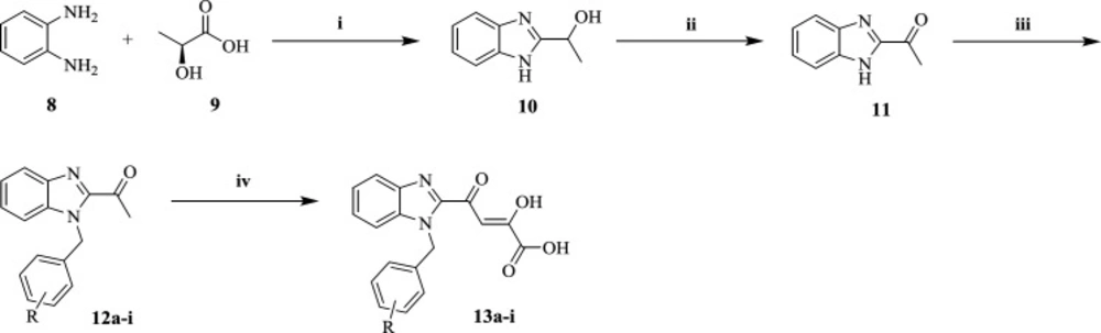 Reagents and conditions: (<b>i</b>) 4N HCl, reflax, 6h; (<b>ii</b>) K<sub>2</sub>Cr<sub>2</sub>O<sub>7</sub>, dil. H<sub>2</sub>SO<sub>4</sub>, rt; (<b>iii</b>) ArCH<sub>2</sub>Cl, K<sub>2</sub>CO<sub>3</sub>, DMF, rt, 12 h; (<b>iv</b>) diethyl oxalate, NaOEt/EtOH, diethyl ether, -10<sup> ○</sup>C- 0 <sup>○</sup>C, 2 h