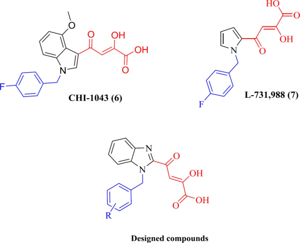 IN inhibitors (CHI-1043 (<b>6</b>), L-731,988 (<b>7</b>)) and designed compounds
