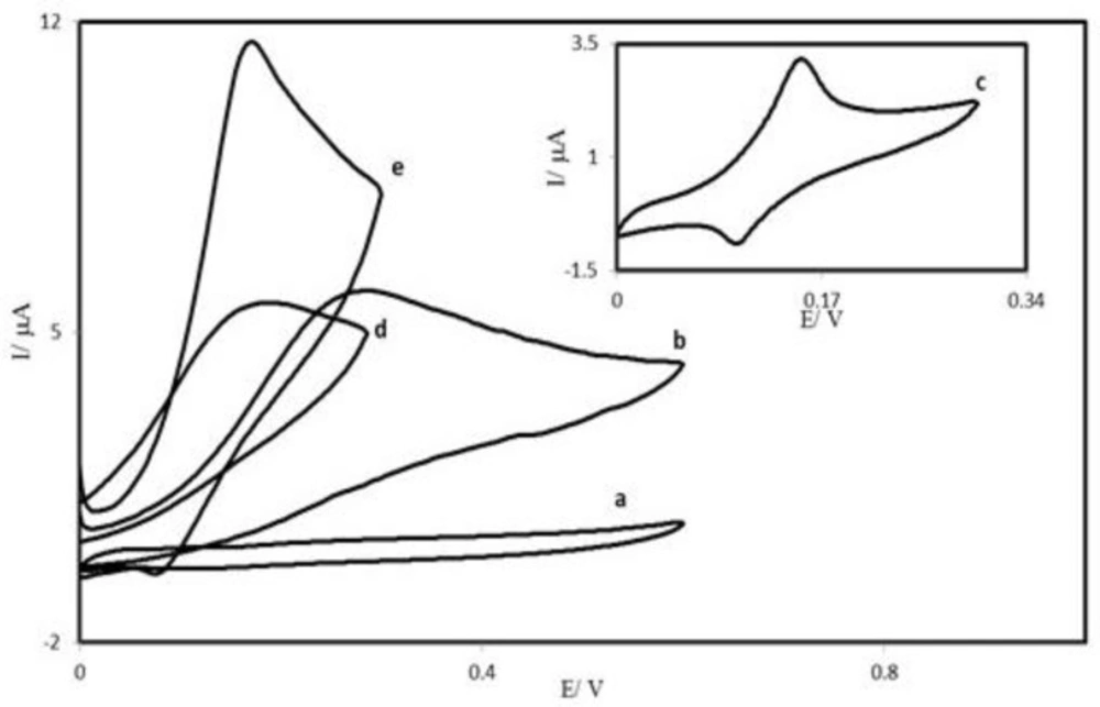 Cyclic voltammograms of: (a) an unmodified CPE in 0.1 M phosphate buffer (pH 7.0) solution and (b) the same electrode in 0.25 mM AA, pH 7.0 solution. (c) as (a) for PBDCNPE. Also, (d) and (e) as (b) at the surface of PBDCPE and PBDCNPE respectively