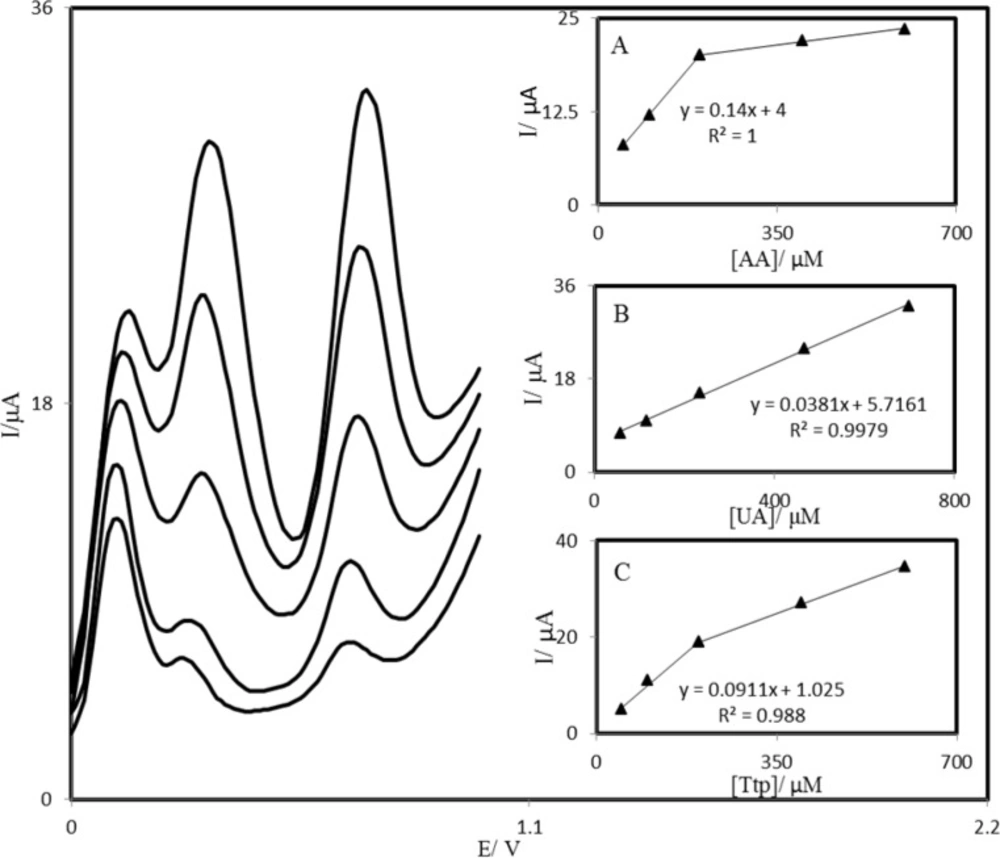 Differential pulse voltammograms of PBDCNPE in 0.1 M phosphate buffer solution (pH 7.0) containing different concentrations of AA, UA, and Trp (from inner to outer) mixed solutions of 50.0 + 58.31 + 50.0, 100.0 + 116.63 + 100.0, 200.0 + 233.3 + 200.0, 400.0 + 466.5 + 400.0 and 600.0 + 700.0 + 600.0 respectively, in which the first value is the concentration of AA in <i>μ</i>M, the second value is the concentration of UA in <i>μ</i>M, and the last value is the concentration of Trp in <i>μ</i>M. Insets: plots of the peak currents as a function of (A) AA, (B) UA, and (C) Trp concentration, respectively.