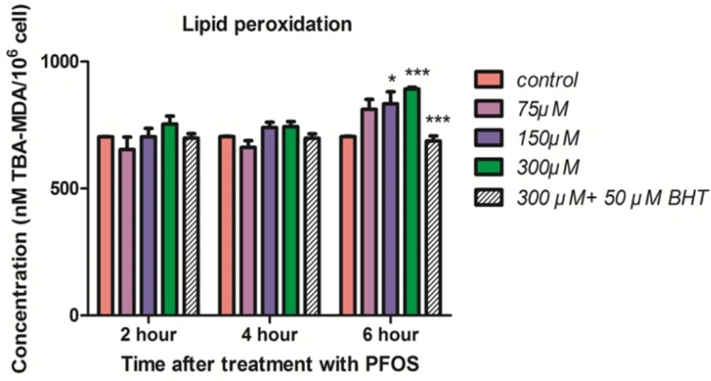 Lipid peroxidation in human lymphocyte following incubation with PFOS. Induction of lipid peroxidation in human lymphocyte after incubation with PFOS for 6 h. Lipid peroxidation was measured based on reaction of thiobarbituric acid (TBA) and malondialdehyde. After 6 h treatment, two higher concentration of PFOS (IC<sub>50</sub> and 2 IC<sub>50</sub>) significantly (<i>P </i>< 0.05) increased MDA levels in human lymphocytes in comparison with control. BHT inhibited lipid peroxidation induced by PFOS. <sup>*</sup><i>P </i>< 0.05, <sup>**</sup><i>P </i>< 0.01 and <sup>***</sup><i>P </i>< 0.001