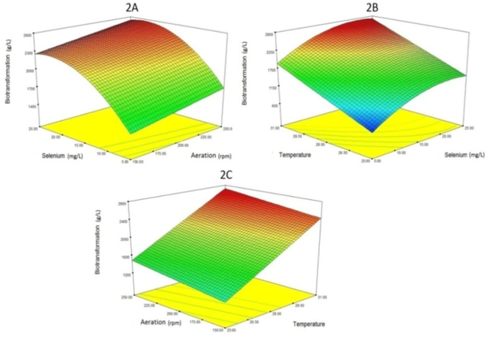 Three-dimensional diagram of the interaction of variables (selenium concentration, aeration and temperature) affecting the selenium biotransformation.