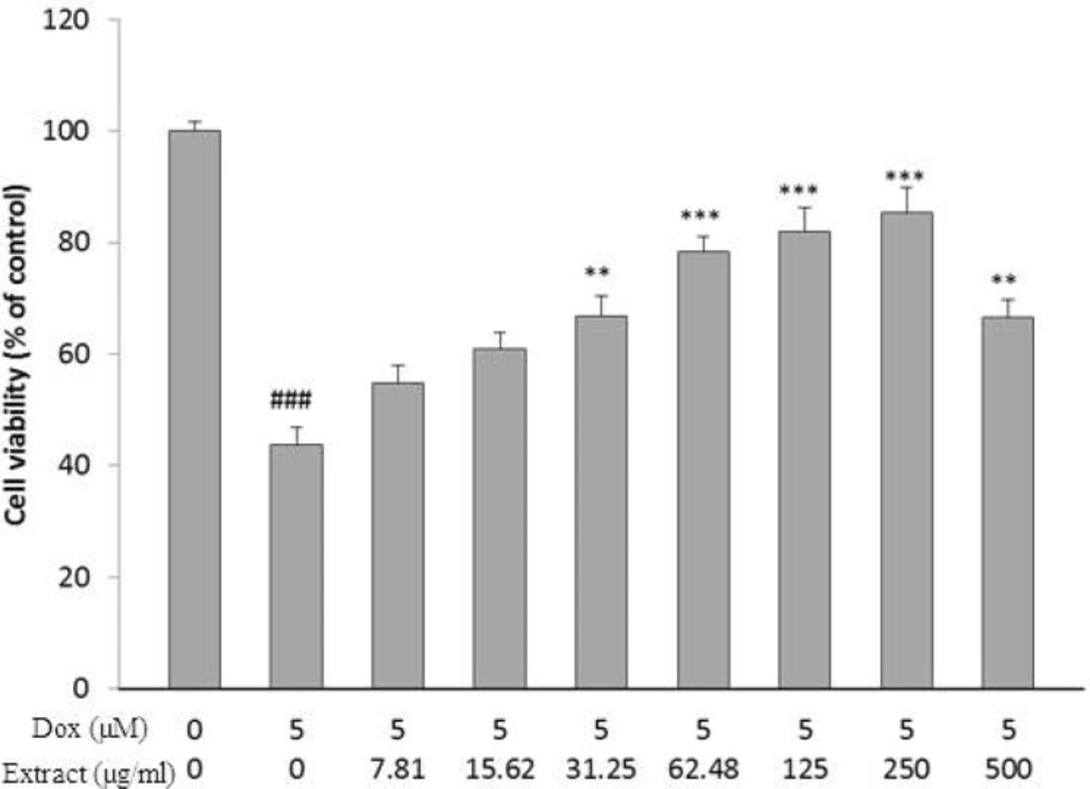 Effect of HSE on H9c2 cells viability exposed to DOX for 24 h. The percentage cell viability (quantitated by MTT assay) was normalized against the control.<sup> ###</sup>𝑃 < 0.001 versus control, *** <i>P </i>< 0.001, ** <i>P </i>< 0.01 DOX