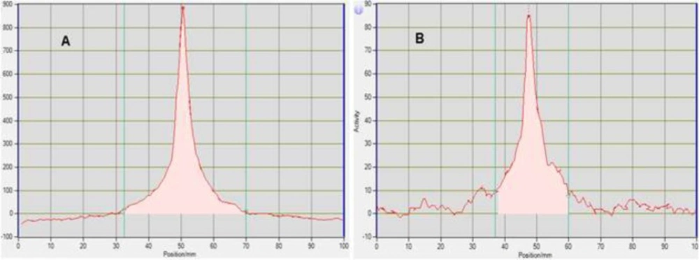 TLC Scanner Chromatograms of <sup>18</sup>F-FDG after synthesis (A) and 10 h later (B) at 35 - 40 ºC