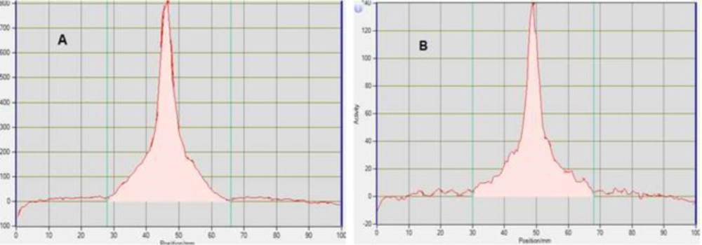 HPLC Chromatograms of <sup>18</sup>FDG after synthesis (A) and 10 h later (B) at r.t.