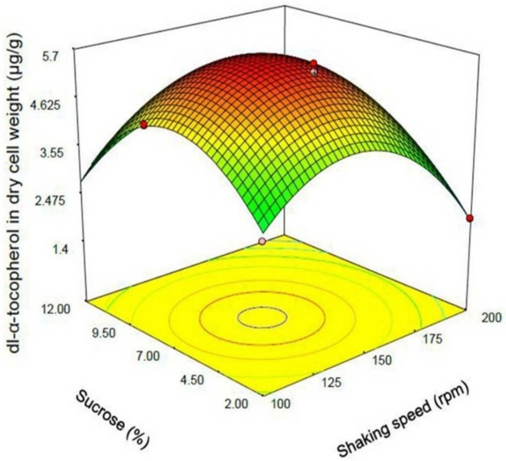 Response surface plot indicating the effect of sucrose (% w/v) added to culture medium and shaking speed (rpm) interaction on dl-α-tocopherol amount per dry cell weight of <i>S. cerevisia</i>
