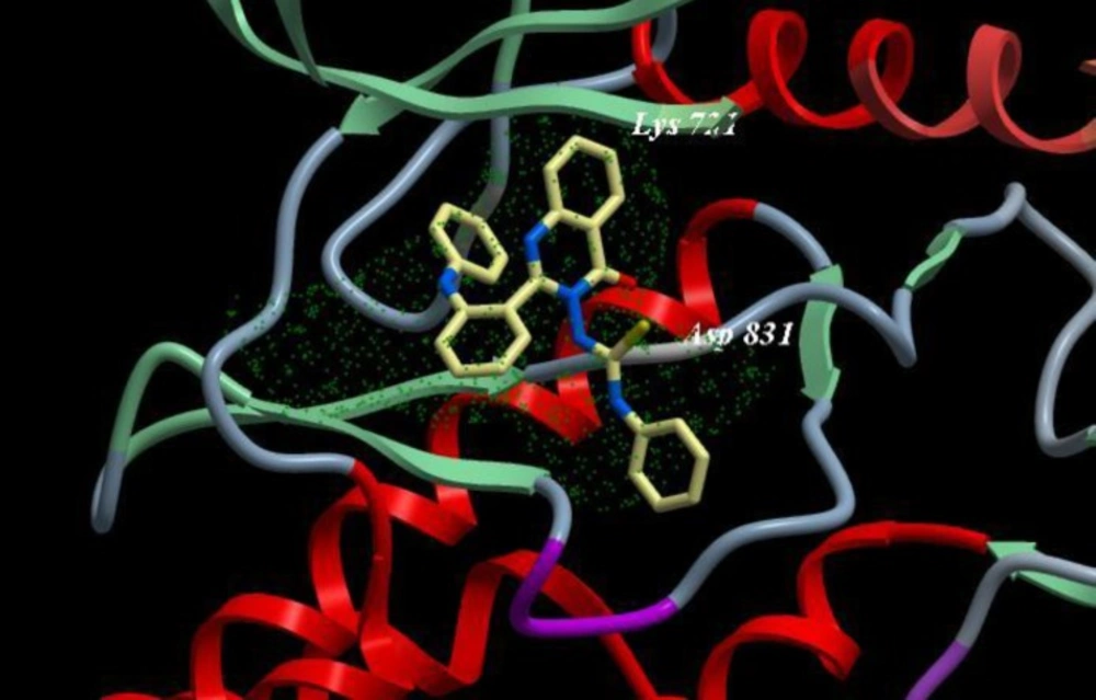 Binding mode of compound 10d with EGFR kinase. For clarity, only interacting residues are displayed. Ligand is represented as balls and sticks models and the green dots show the binding sites of EGFR
