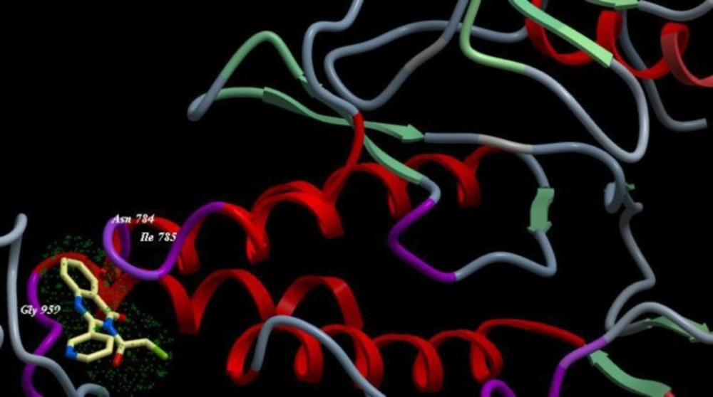 Binding mode of compound 5a with EGFR kinase. For clarity, only interacting residues are displayed. Ligand is represented as balls and sticks models and the green dots show the binding sites of EGFR