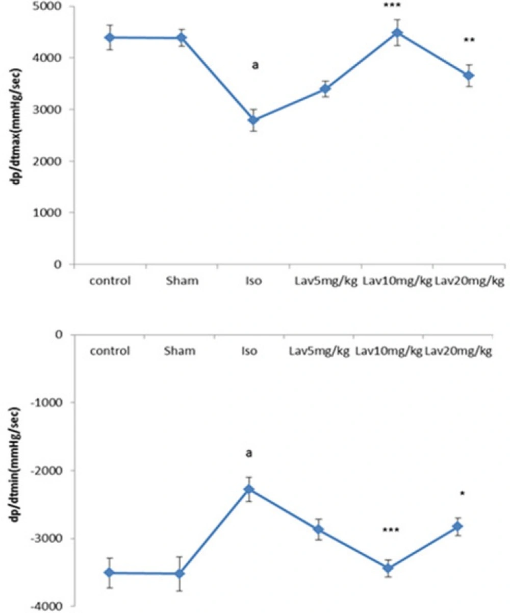 Left ventricular maximal and minimal rates of pressure increase (LVdp/dtmax, LVdp/dtmin) in the control group and in the rats treated with isoproterenol alone (rats with myocardial infarction), <i>L. angustifolia</i> alone (Sham), and Isoproterenol plus <i>L. angustifolia</i>. Values are mean±SEM (n=6). ªp<0.001 , ᵇp<0.01 ,ᶜp<0.05 from respective control value; *p < 0.05, **p < 0.01; ***p < 0.001 as compared with isoproterenol treated group using one way ANOVA with Student-Newman-Keuls post hoc test.