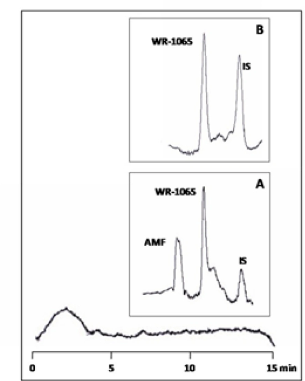 Chromatograms of blank plasma reacted with OPA/2-ME reagent (larger box); blank plasma spiked with 30 µgmL<sup>−1 </sup>AMF, 50µgmL<sup>−1</sup> WR-1065 and 30 µgmL<sup>−1</sup>L-cysteine (as internal standard, IS) (box A); and blank plasma spiked with 50µgmL<sup>−1</sup> WR-1065 and 30 µgmL<sup>−1</sup>L-cysteine (box B).
