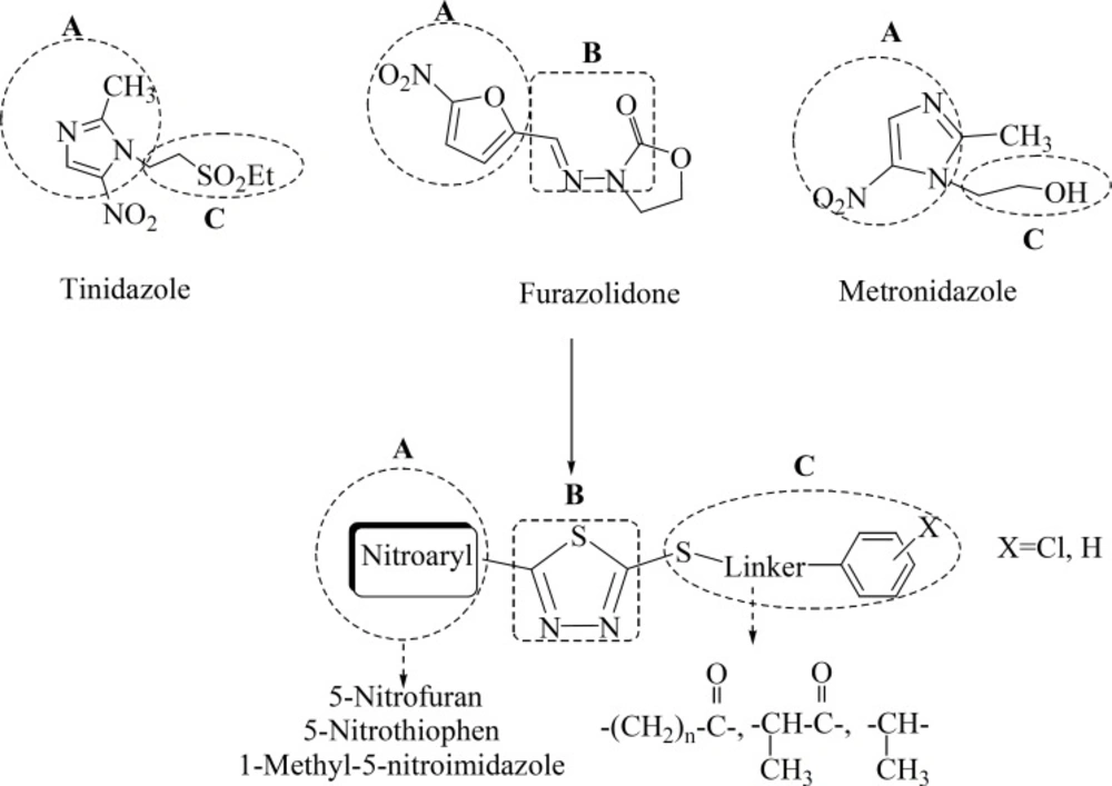 Chemical structure of 2-alkylthio-5-(nitroaryl)-1,3,4-thiadiazoles (compounds 1-13) derived from the structure of current anti-<i>H. pylori </i>nitroheterocyclic agents (tinidazole, furazolidone and metronidazole).