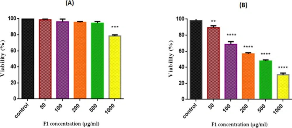 Effect of F1 fraction of <i>T. coronatus </i>extract concentration (0-1000 µg /mL) on cell viability in both EOC (A) non-cancerous(B) cells. Cells were treated with F1 and cell viability was measured by MTT Assay Following 12 h of exposure. Values are presented as mean ± SD (n = 5). **, *** and **** shows a significant difference in comparison with the untreated cancerous and non-cancerous cells (<i>P </i>< 0.01, <i>P </i>< 0.001 and <i>P </i>< 0.0001, respectively)