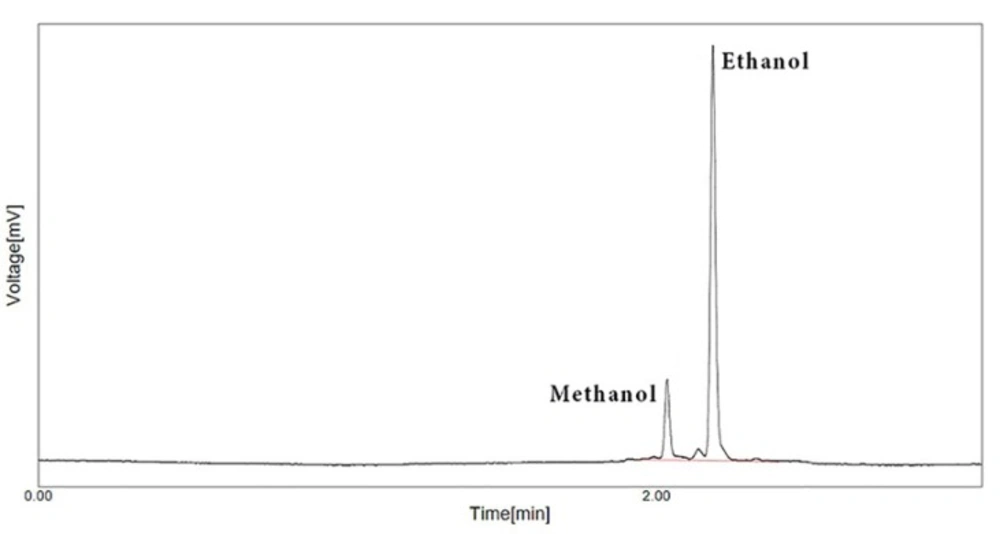Gas chromatogram of methanol and ethanol in the first standard solution