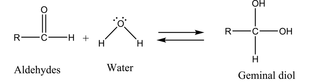 Addition of water molecule to the carbonyl functional group of aldehydes to form geminal diol Addition of water molecule to the carbonyl functional group of aldehydes to form geminal diol