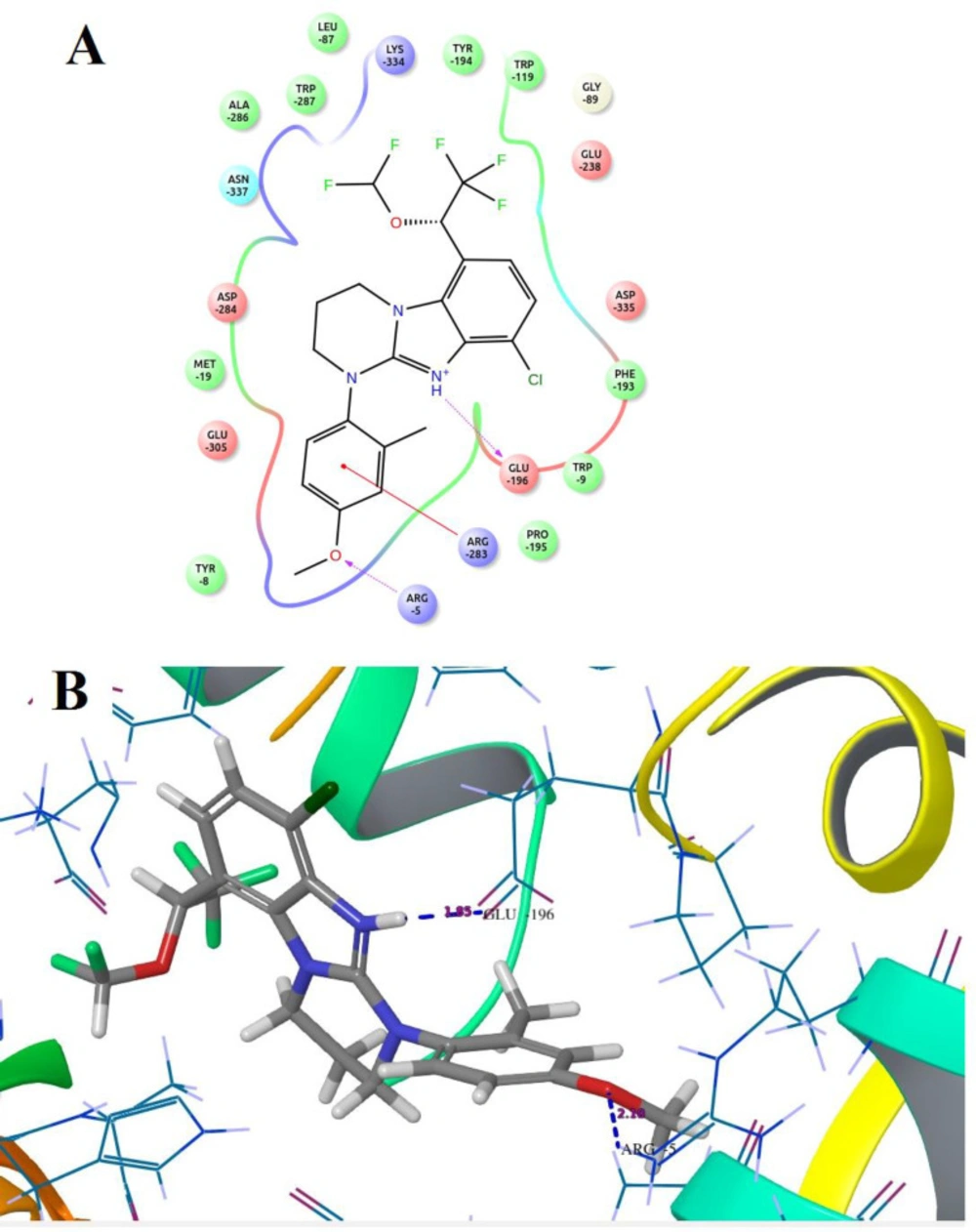 Docked compound <b>B18</b> with the target protein <b>(A)</b> Ligand interaction diagram <b>(B) </b>3D diagram