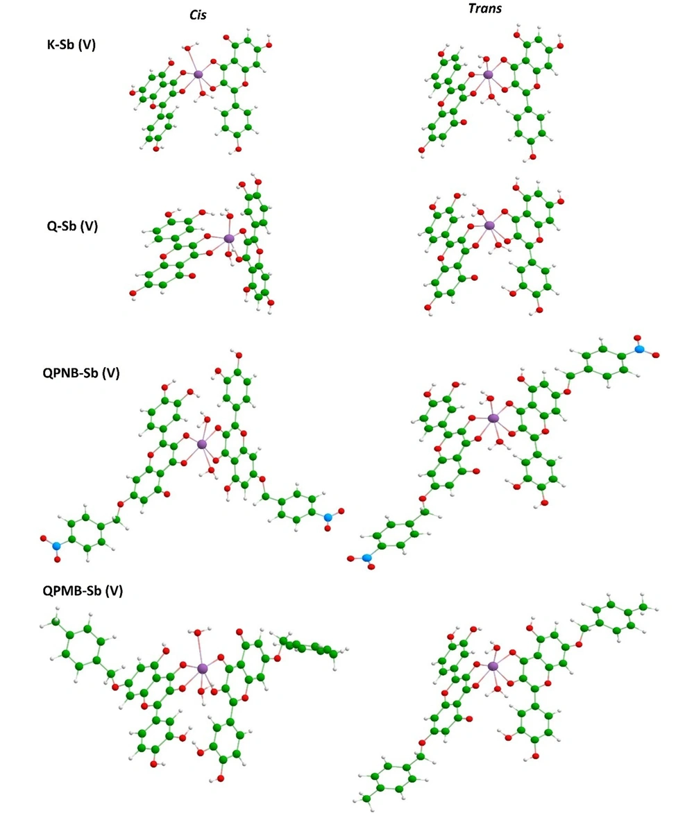 Optimized representations of Cis and Trans configurations of Sb(V) complex of kaempferol and quercetin derivatives (<a href="#A128379REF9">9</a>-<a href="#A128379REF12">12</a>). Optimized representations of Cis and Trans configurations of Sb(V) complex of kaempferol and quercetin derivatives (<a href="#A128379REF9">9</a>-<a href="#A128379REF12">12</a>).