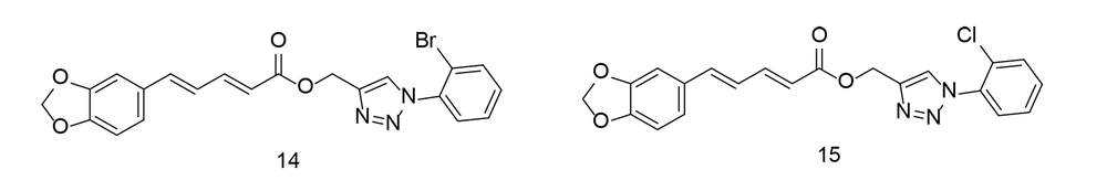 Piperine-based triazoles 14 and 15 as selective cyclooxygenases-2 (COX-2)/tumor necrosis factor-alpha (TNF-α) inhibitors Piperine-based triazoles 14 and 15 as selective cyclooxygenases-2 (COX-2)/tumor necrosis factor-alpha (TNF-α) inhibitors