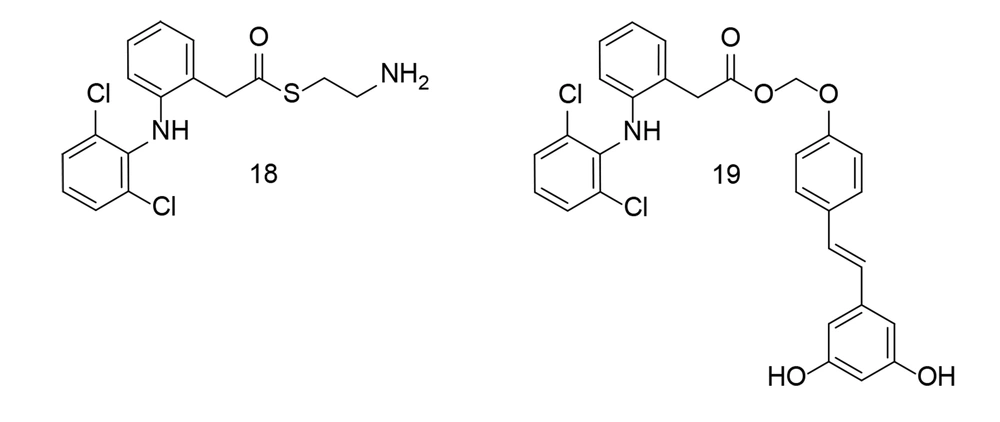 Aryl acetic acid conjugates 18 and 19 as dual cyclooxygenases-2 (COX-2)/tumor necrosis factor-alpha (TNF-α) inhibitors Aryl acetic acid conjugates 18 and 19 as dual cyclooxygenases-2 (COX-2)/tumor necrosis factor-alpha (TNF-α) inhibitors