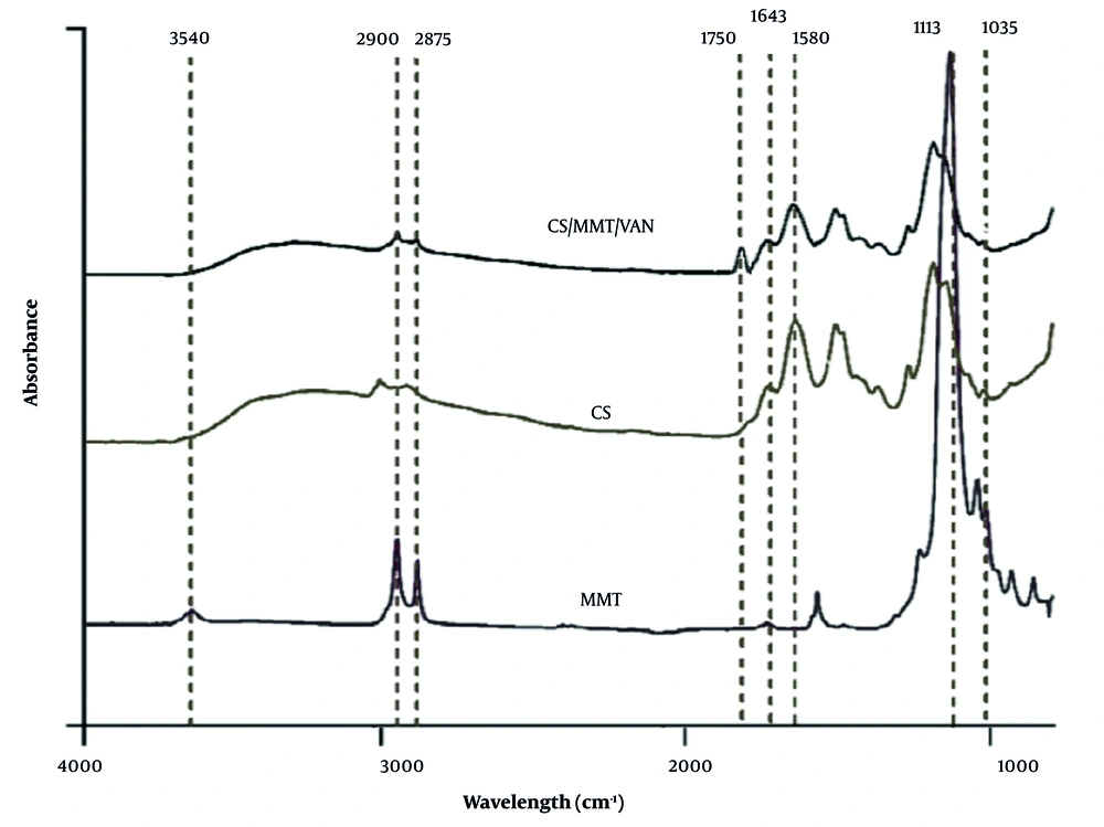 Fourier-transform infrared spectroscopy (FTIR) analysis of montmorillonite (MMT), chitosan (CS), and CS-based nanocarrier formulated with montmorillonite and vancomycin (CS/MMT/VAN) Fourier-transform infrared spectroscopy (FTIR) analysis of montmorillonite (MMT), chitosan (CS), and CS-based nanocarrier formulated with montmorillonite and vancomycin (CS/MMT/VAN)