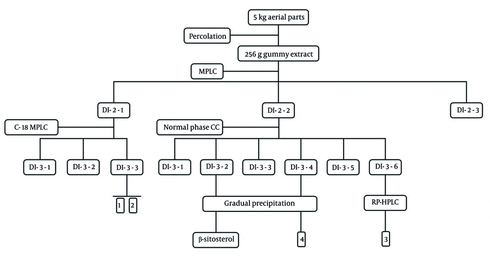The tree-diagram of extraction and isolation of purified compounds The tree-diagram of extraction and isolation of purified compounds