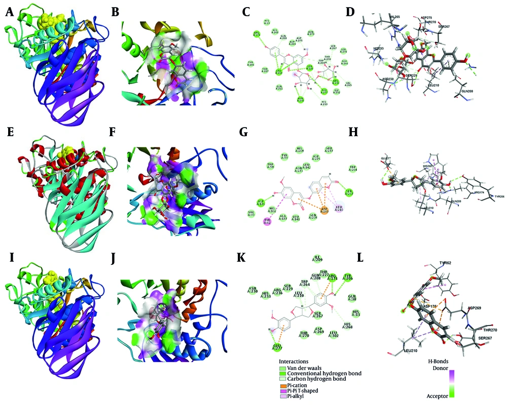 A, overall structure of the compound 1-α-amylase complex as visualized in the docking simulations; B, hydrophobic surface of interaction between compound 1 and α-amylase; C, 2D interaction map of the compound 1-α-amylase complex; D, 3D visualization of the binding interactions between compound 1 and α-amylase; E, overall structure of the compound 2-α-amylase complex as obtained from the docking simulations; F, hydrophobic surface of interaction between compound 2 and α-amylase; G, 2D interaction map of the compound 3-α-amylase complex; H, 3D visualization of the binding interactions between compound 2 and α-amylase; I, overall structure of the compound 3-α-amylase complex as obtained from the docking simulations; J, hydrophobic surface of interaction between compound 3 and α-amylase; K, 2D interaction map of the compound 3-α-amylase complex; L, 3D visualization of the binding interactions between compound 3 and α-amylase. A, overall structure of the compound 1-α-amylase complex as visualized in the docking simulations; B, hydrophobic surface of interaction between compound 1 and α-amylase; C, 2D interaction map of the compound 1-α-amylase complex; D, 3D visualization of the binding interactions between compound 1 and α-amylase; E, overall structure of the compound 2-α-amylase complex as obtained from the docking simulations; F, hydrophobic surface of interaction between compound 2 and α-amylase; G, 2D interaction map of the compound 3-α-amylase complex; H, 3D visualization of the binding interactions between compound 2 and α-amylase; I, overall structure of the compound 3-α-amylase complex as obtained from the docking simulations; J, hydrophobic surface of interaction between compound 3 and α-amylase; K, 2D interaction map of the compound 3-α-amylase complex; L, 3D visualization of the binding interactions between compound 3 and α-amylase.