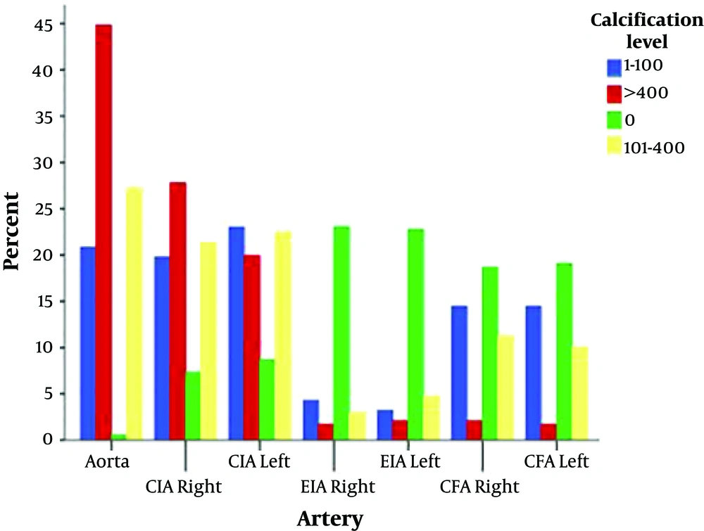 Different calcification levels among different arterial segments. CFA, common femoral artery; CIA, common iliac artery; EIA, external iliac artery Different calcification levels among different arterial segments. CFA, common femoral artery; CIA, common iliac artery; EIA, external iliac artery