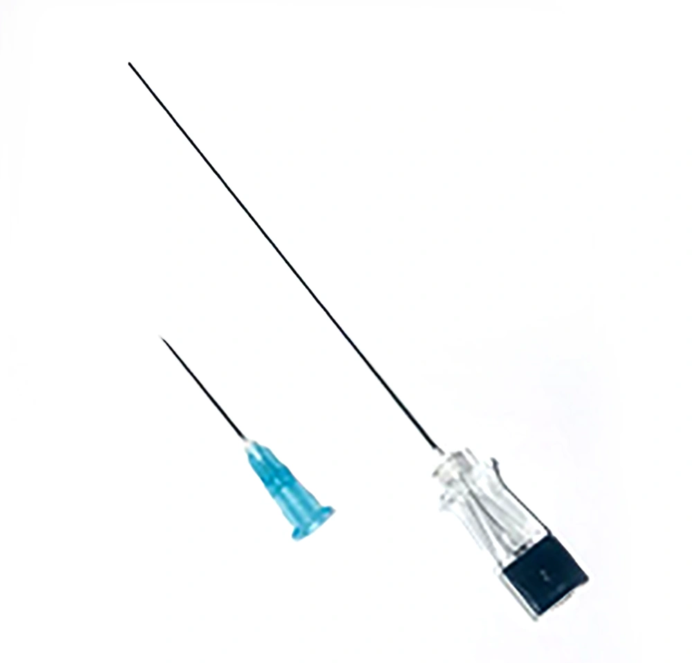 Simple non-stylet 23 gauge needle (25 mm length) on the left and spinal 22 gauge needle with stylet (90 mm length) on the right Simple non-stylet 23 gauge needle (25 mm length) on the left and spinal 22 gauge needle with stylet (90 mm length) on the right