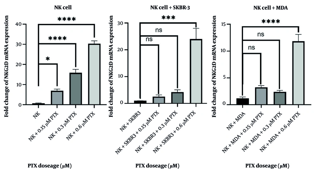 Real-time qPCR analysis showed the effects of PTX treatment on NKG2D expression in NK cells. Statistical analysis was performed using 1-way ANOVA with Tukey post hoc test in GraphPad Prism software to compare the treatment groups with the control and to compare different treatment doses with each other. Data are presented as the mean ± SEM of 3 independent experiments performed in triplicate. * P < 0.05, *** P < 0.001, **** P < 0.0001. Abbreviation: NS, nonsignificant. Real-time qPCR analysis showed the effects of PTX treatment on NKG2D expression in NK cells. Statistical analysis was performed using 1-way ANOVA with Tukey post hoc test in GraphPad Prism software to compare the treatment groups with the control and to compare different treatment doses with each other. Data are presented as the mean ± SEM of 3 independent experiments performed in triplicate. * P < 0.05, *** P < 0.001, **** P < 0.0001. Abbreviation: NS, nonsignificant.