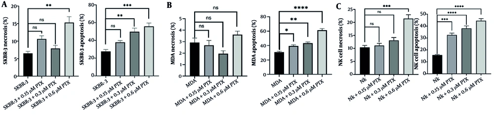The effect of different paclitaxel doses on apoptosis and necrosis in SKBR-3 (A), MDA-MB-231 (B), and NK (C) cell lines. The treatment period was 24 hours. Statistical analysis was performed using 1-way ANOVA with Tukey post hoc test in GraphPad Prism software to compare the treatment groups with the control and to compare different treatment doses with each other. Data are presented as the mean ± SEM of 3 independent experiments performed in triplicate. * P < 0.05, ** P < 0.01, *** P < 0.001, **** P < 0.0001. Abbreviation: NS, nonsignificant. The effect of different paclitaxel doses on apoptosis and necrosis in SKBR-3 (A), MDA-MB-231 (B), and NK (C) cell lines. The treatment period was 24 hours. Statistical analysis was performed using 1-way ANOVA with Tukey post hoc test in GraphPad Prism software to compare the treatment groups with the control and to compare different treatment doses with each other. Data are presented as the mean ± SEM of 3 independent experiments performed in triplicate. * P < 0.05, ** P < 0.01, *** P < 0.001, **** P < 0.0001. Abbreviation: NS, nonsignificant.