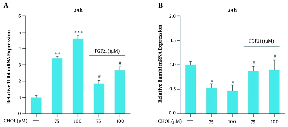 Toll-like receptor 4 (<i>TLR4</i>) and BMP and activin membrane-bound inhibitor (<i>BAMBI</i>) messenger ribonucleic acid (mRNA) expression in the presence of cholesterol and fibroblast growth factor 21 (FGF21) in LX-2 cell line. A, <i>TLR4</i> mRNA expression in the presence of cholesterol and FGF21 in LX-2 cells. B, <i>BAMBI</i> mRNA expression in the presence of cholesterol and FGF21 in LX-2 cells. The results of three replications (mean ± standard error of the mean) and changes in <i>TLR4</i> and <i>BAMBI</i> mRNA expression were compared to those of the control group. The significance level was considered < 0.05. Glyceraldehyde 3-phosphate dehydrogenase was used as the reference gene (* P < 0.05, ** P < 0.01, and *** P < 0.001; # P < 0.05). Toll-like receptor 4 (<i>TLR4</i>) and BMP and activin membrane-bound inhibitor (<i>BAMBI</i>) messenger ribonucleic acid (mRNA) expression in the presence of cholesterol and fibroblast growth factor 21 (FGF21) in LX-2 cell line. A, <i>TLR4</i> mRNA expression in the presence of cholesterol and FGF21 in LX-2 cells. B, <i>BAMBI</i> mRNA expression in the presence of cholesterol and FGF21 in LX-2 cells. The results of three replications (mean ± standard error of the mean) and changes in <i>TLR4</i> and <i>BAMBI</i> mRNA expression were compared to those of the control group. The significance level was considered < 0.05. Glyceraldehyde 3-phosphate dehydrogenase was used as the reference gene (* P < 0.05, ** P < 0.01, and *** P < 0.001; # P < 0.05).